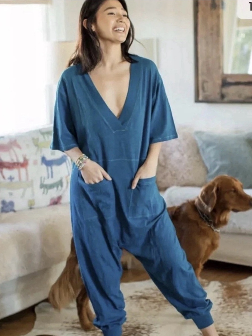 NATURAL LIFE Charlie Teal Blue Deep V-Neck Relaxed Jumpsuit